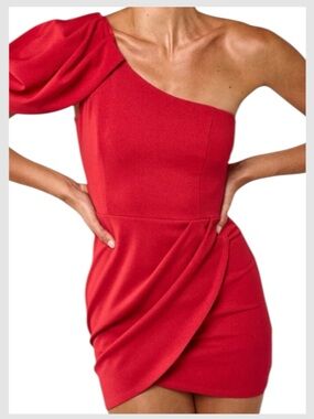 DO+BE One-Shoulder Puff Sleeve Mini Dress Red Size S